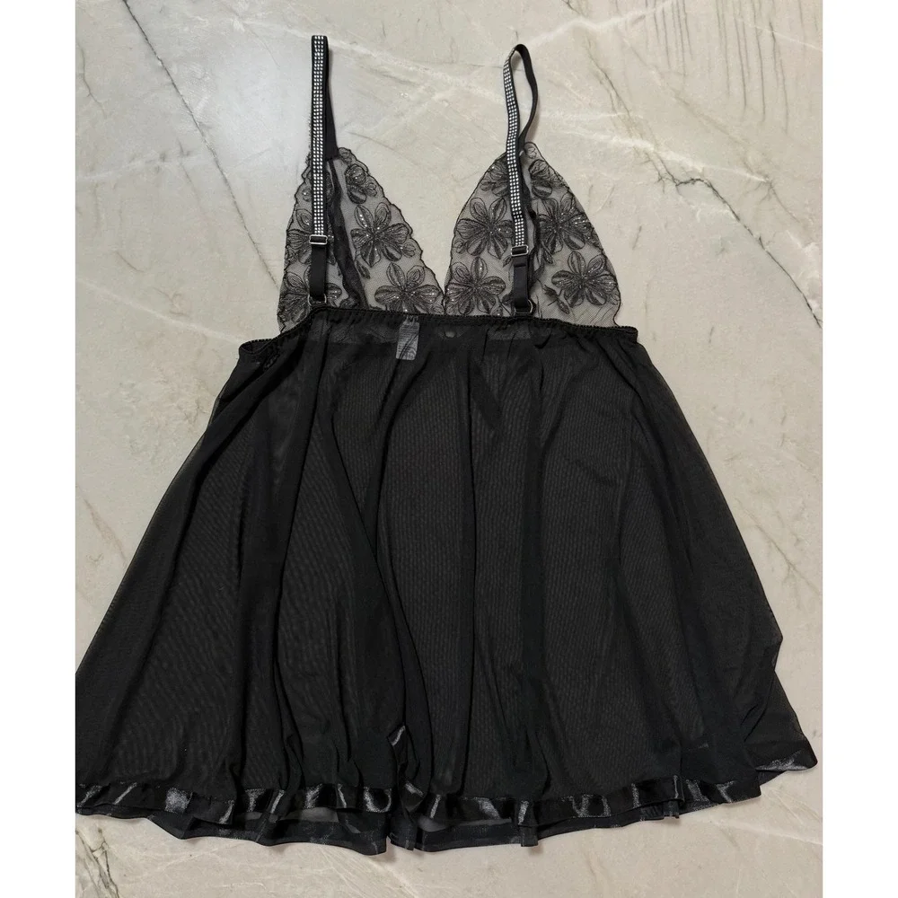 Black Sheer Mesh Babydoll Chemise Floral Lace Sequin Rhinestone Straps Size 2X